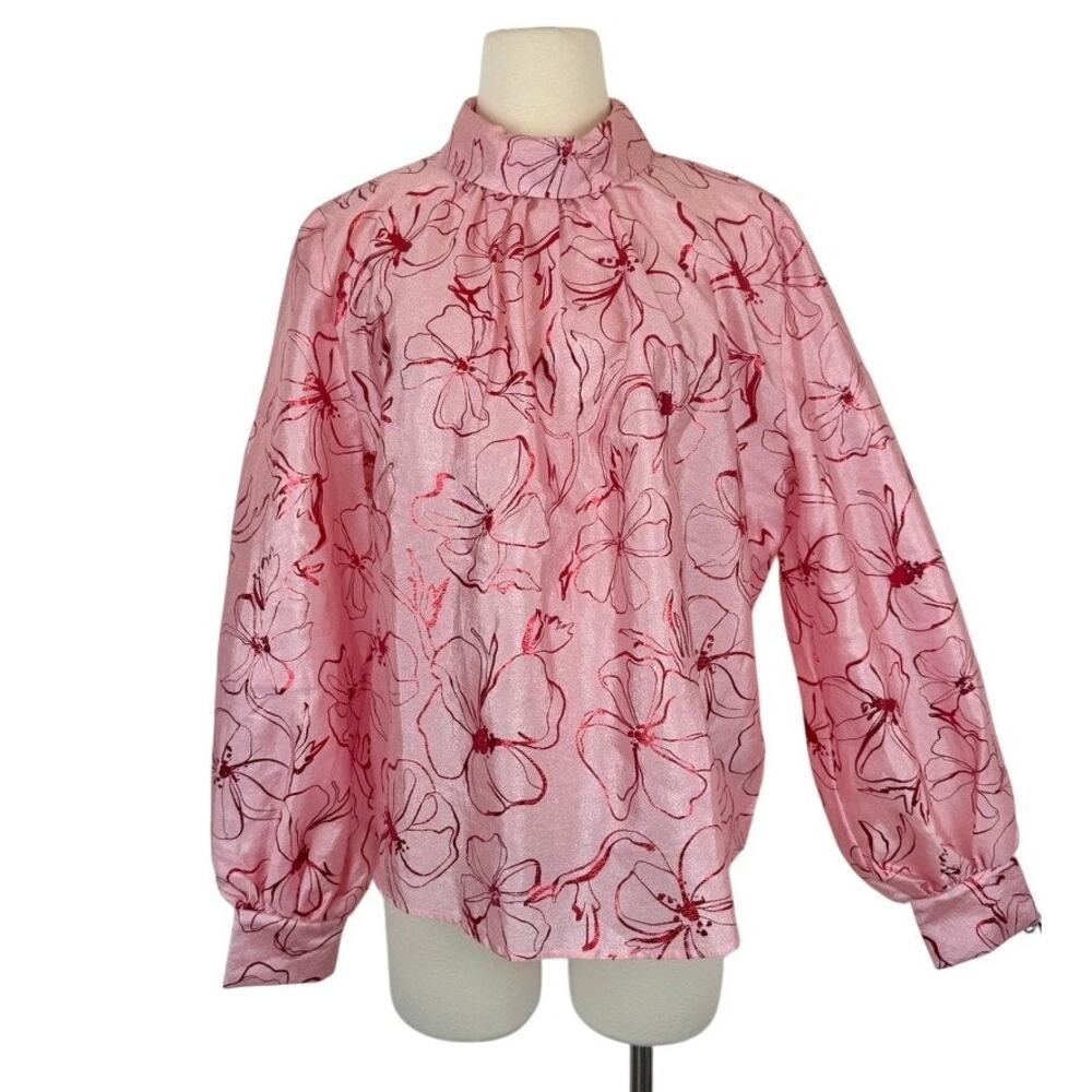 Stine Goya Gathered Long Sleeve Top Blouse Foil Foliage Pink/Red Metallic XL NWT